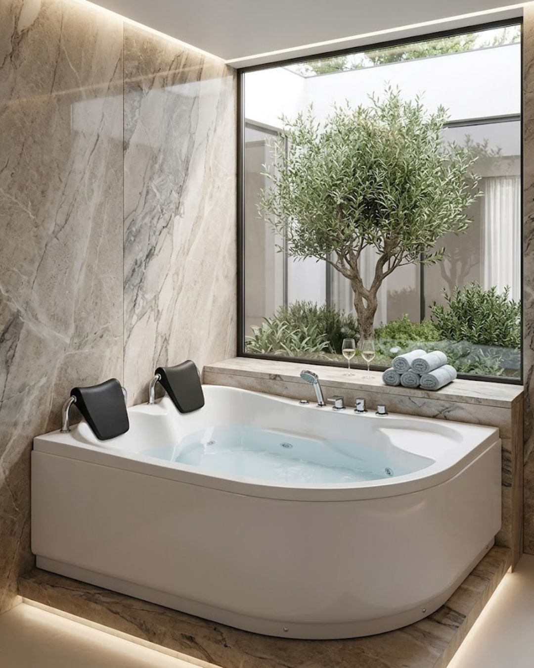 Corner Whirlpool Bathtub with Headrests